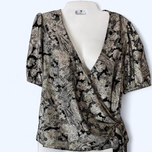 Michael Kors Black & silver shimmering paisley print wrap top w tie detail S